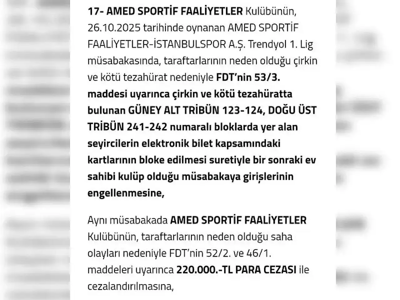 Amedspor'a PFDK'dan ağır ceza: 220 bin TL para ve tribün kapatma kararı!